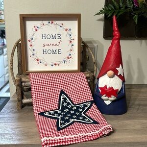 NWT PATRIOTIC HOME SWEET HOME WOODEN SIGN, GNOME AND EMBROIDERED TOWEL BUNDLE